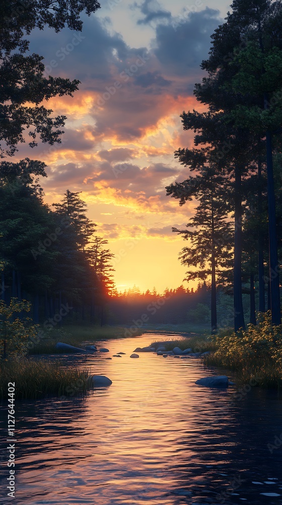A serene river scene at sunset, surrounded by trees and reflecting vibrant colors. A serene river scene at sunset, surrounded by trees and reflecting vibrant colors.