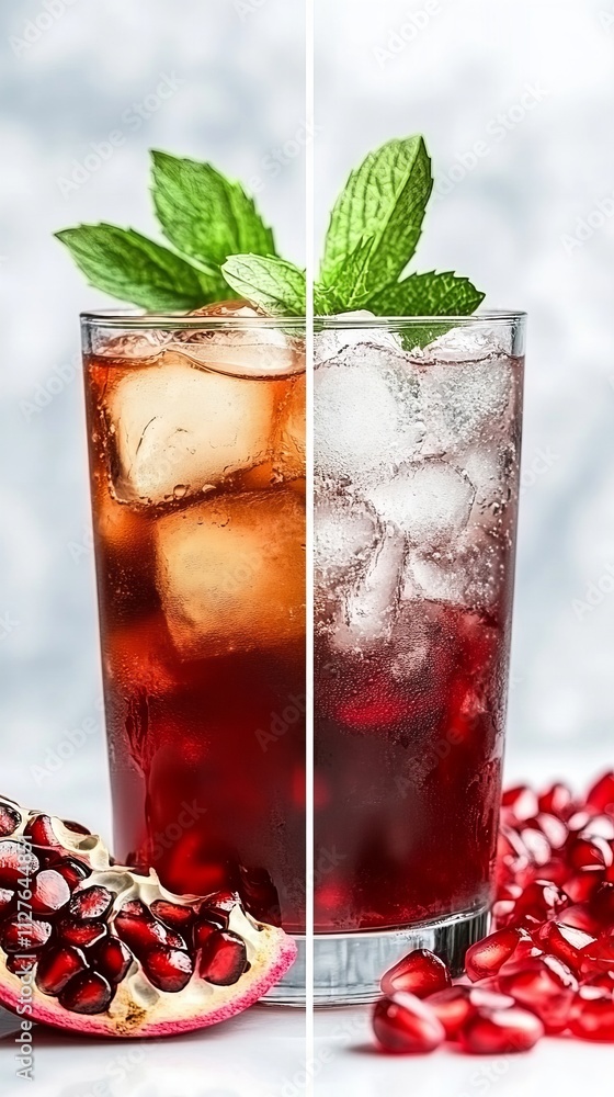 A refreshing pomegranate drink with ice and mint garnished, vibrant and inviting. A refreshing pomegranate drink with ice and mint garnished, vibrant and inviting.