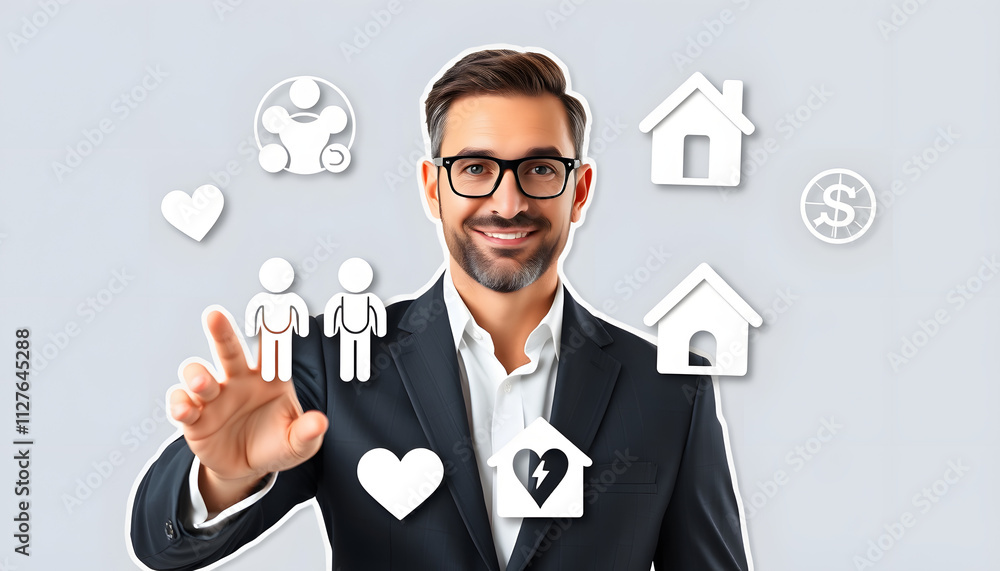 Businessman with protective gesture and family, life, health and house insurance icons. Insurance concept, Family life insurance and policy concepts isolated with white highlights, png Businessman with protective gesture and family, life, health and house insurance icons. Insurance concept, Family life insurance and policy concepts isolated with white highlights, png