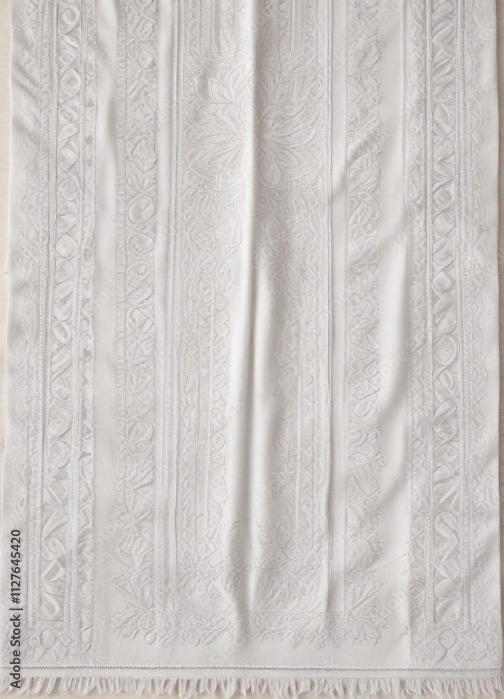 Obraz premium Vintage-inspired white beach towel with intricate patterns and decorative stitching, coastal, linen