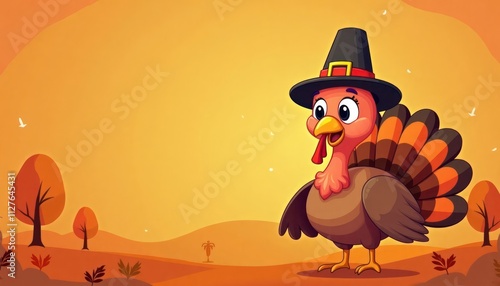 Adorable cartoon turkey wears pilgrim hat. Festive Thanksgiving scene. Orange gradient background. Autumnal landscape with trees. Happy, cheerful Thanksgiving poster. Perfect for gratitude, festive photo