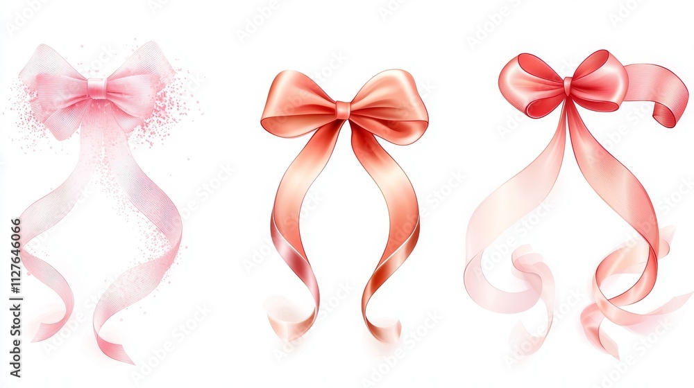 Valentine ribbon set with bows, curls, and swirls in pink and red tones, isolated on white, detailed vector illustration, festive feel Valentine ribbon set with bows, curls, and swirls in pink and red tones, isolated on white, detailed vector illustration, festive feel