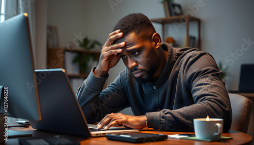 Tired bored African American man rubbing eyes after long time working at computer sits at table in home office. Exhausted Black guy using laptop has vision and health problems due to night overworki