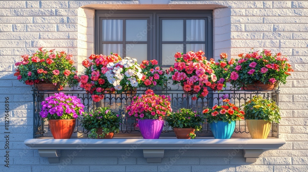 Naklejka premium Vibrant Flower Pots on a Charming Balcony with Colorful Blooms Against a Brick Wall on a Sunny Day