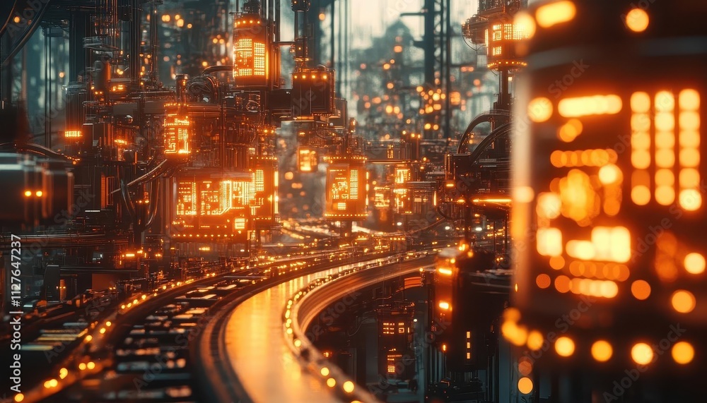 A symbolic glowing automation network connecting labeling systems, drones, and workers, warm cinematic tones A symbolic glowing automation network connecting labeling systems, drones, and workers, warm cinematic tones