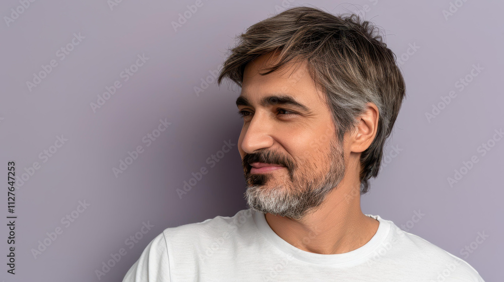 Fototapeta premium A relaxed middleaged Arab man in a white tshirt exudes confidence with a natural smile in a serene profile pose.
