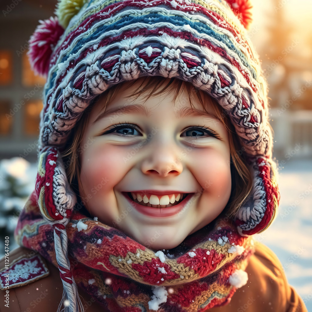A kid wearing a colorful, knitted winter hat and scarf stands outside in a snowy environment, with sunlight illuminating the scene A kid wearing a colorful, knitted winter hat and scarf stands outside in a snowy environment, with sunlight illuminating the scene