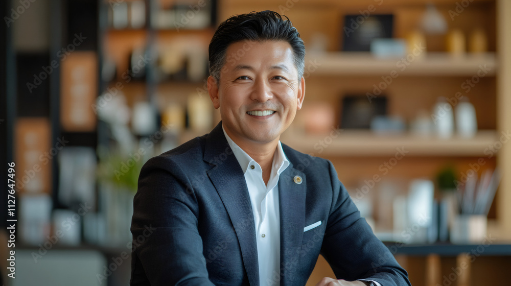 Obraz premium Happy asian businessman in suit smiling in contemporary office setting
