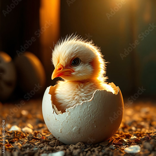 A fluffy yellow chickling peeks out of its eggshell, bathed in warm sunlight