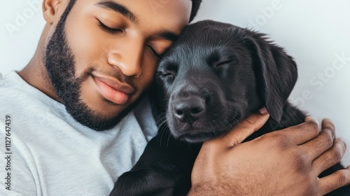 A joyful moment of companionship as a man cuddles his loyal black dog in a cozy home setting filled with warmth.