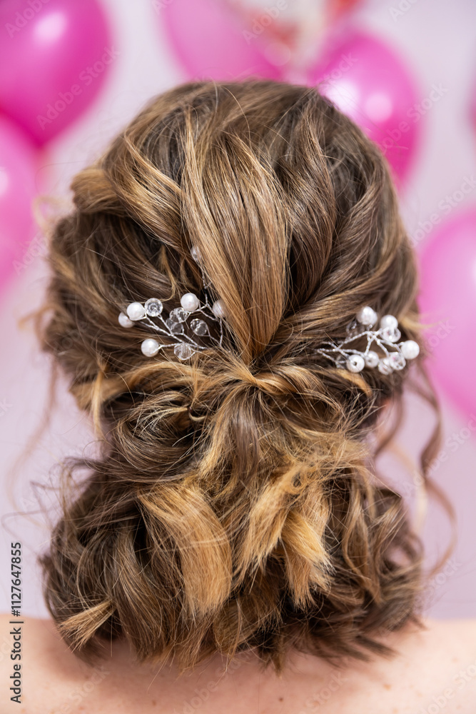 bride's hairstyle from back featuring stunning hairpin adorned pearls curls cascade beautifully, framing her neck bride's hairstyle from back featuring stunning hairpin adorned pearls curls cascade beautifully, framing her neck