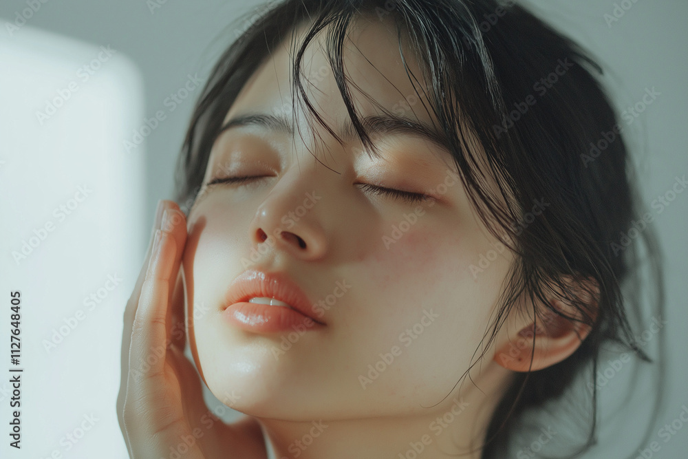 Woman with glowing skin gently touching her face Woman with glowing skin gently touching her face