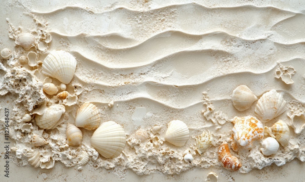 Texture of sand grains and tiny seashells on a beach, intricate detail, natural beige and soft tones Texture of sand grains and tiny seashells on a beach, intricate detail, natural beige and soft tones