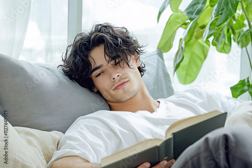 Close-up auf einen entspannten jungen Mann der ein Buch auf dem Sofa liest. photo