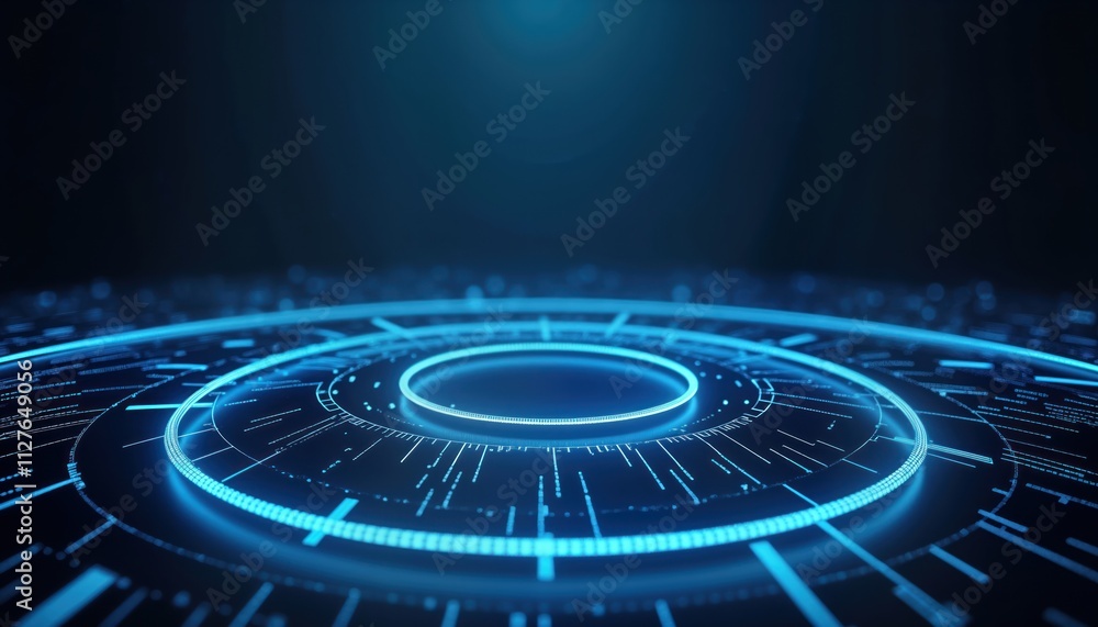 Abstract glowing circle lines on dark blue background. Modern tech design. Futuristic glowing rings with geometric lines creating dynamic pattern. Suitable for tech poster. Cool abstract graphic with Abstract glowing circle lines on dark blue background. Modern tech design. Futuristic glowing rings with geometric lines creating dynamic pattern. Suitable for tech poster. Cool abstract graphic with