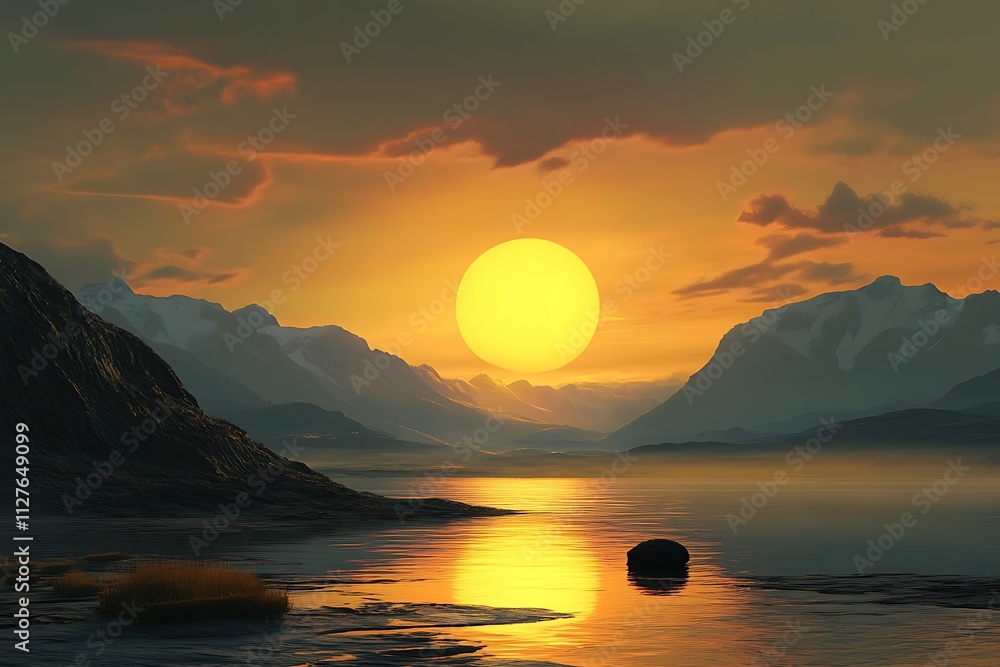 A serene sunset over mountains and a calm lake, reflecting warm hues and tranquility. A serene sunset over mountains and a calm lake, reflecting warm hues and tranquility.