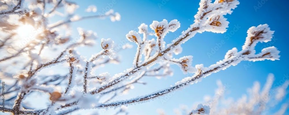 The background is a winter background with frozen and snowy branches of trees against a blue sky backdrop. Christmas or New Year concept. The background is a winter background with frozen and snowy branches of trees against a blue sky backdrop. Christmas or New Year concept.