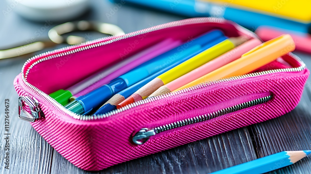 Pink pencil case filled with colorful pens and pencils on a wooden desk.
