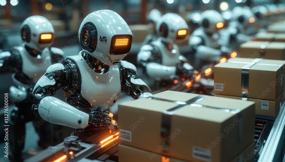 Fototapeta premium Robots sealing packages in sync under glowing safety lights, workers organizing goods nearby, cinematic composition