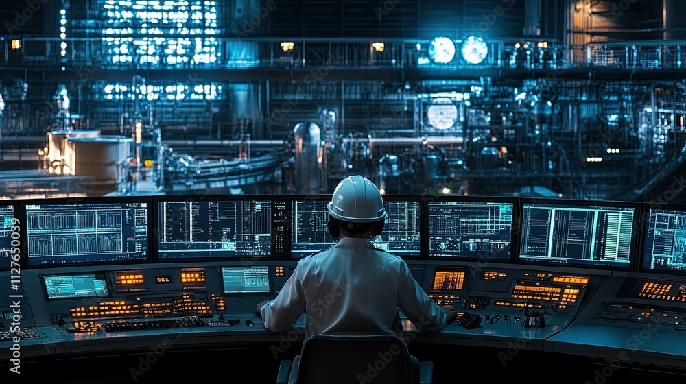 A female engineer in a white helmet and shirt is working in the control room of a power plant․ This is an energy-related commercial photography piece. A female engineer in a white helmet and shirt is working in the control room of a power plant․ This is an energy-related commercial photography piece.