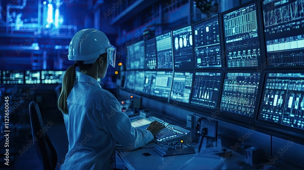 A female engineer in a white helmet and shirt is working in the control room of a power plant․ This is an energy-related commercial photography piece. A female engineer in a white helmet and shirt is working in the control room of a power plant․ This is an energy-related commercial photography piece.