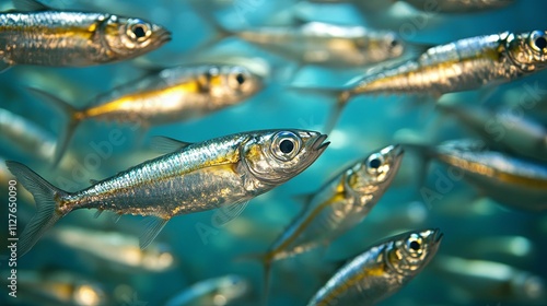 A School Of Silver Fish Swimming In Blue Water photo