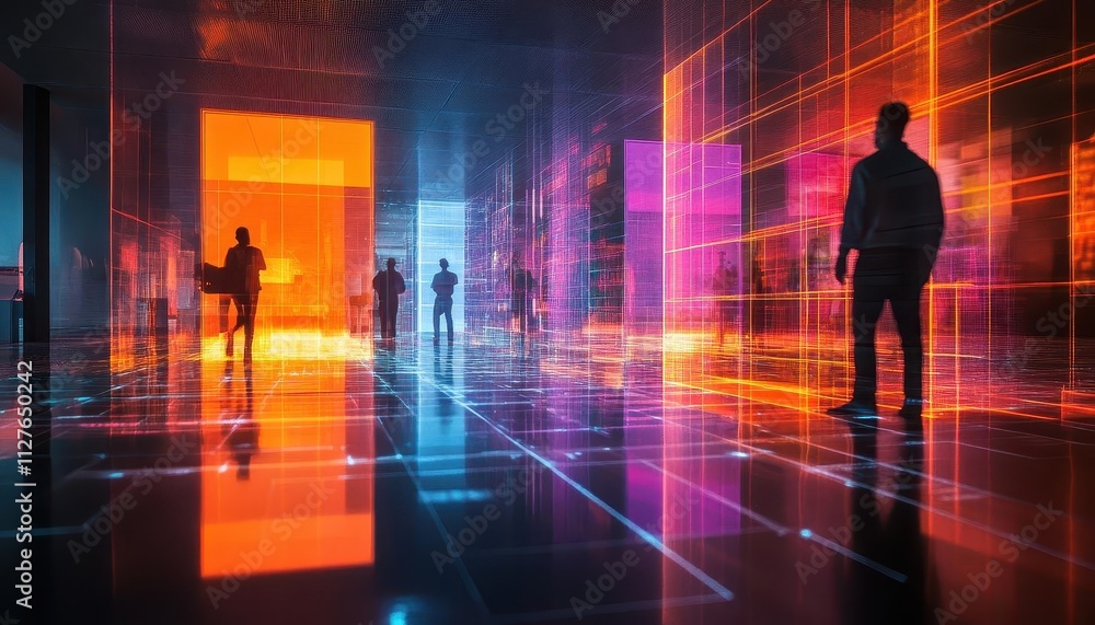 Teams reviewing label alignment and accuracy under glowing holographic quality grids, sunlight reflecting off polished floors Teams reviewing label alignment and accuracy under glowing holographic quality grids, sunlight reflecting off polished floors