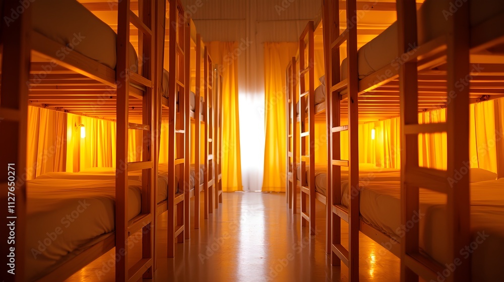 Tranquil hostel dorm with wooden bunk beds, soft-lit corners, thick privacy curtains, and personal reading lights for a quiet solo traveler experience Tranquil hostel dorm with wooden bunk beds, soft-lit corners, thick privacy curtains, and personal reading lights for a quiet solo traveler experience