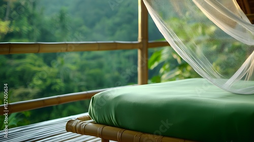 Tropical-style hostel room, bamboo bed frame, delicate mosquito net, private balcony with hammock facing dense, vibrant jungle greenery, warm natural lighting photo