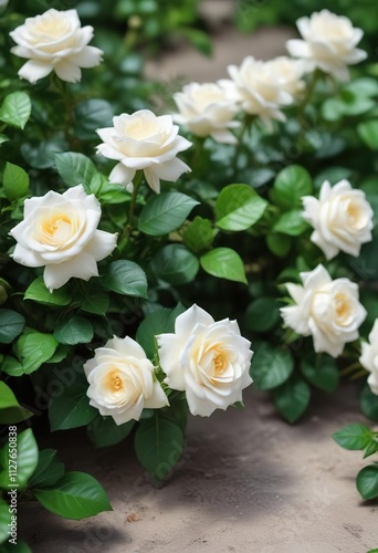 Selective focus on miniature white roses surrounded by green leaves, bush flowers, delicate petals, floral display, vibrant colors, garden backdrop