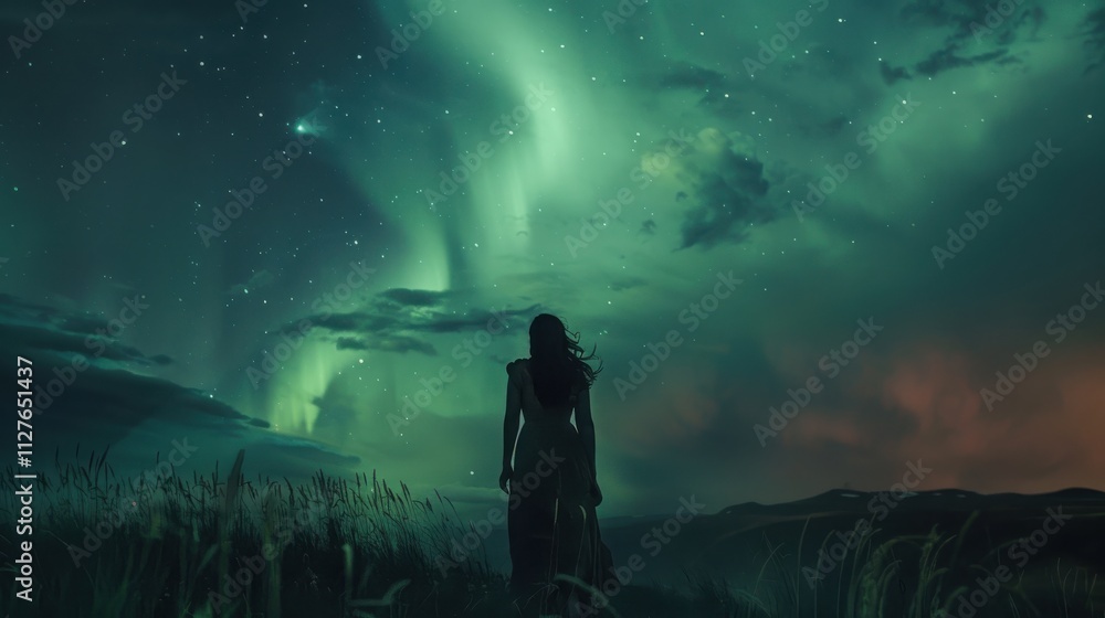 Fototapeta premium Woman Silhouetted Against Northern Lights Night Sky