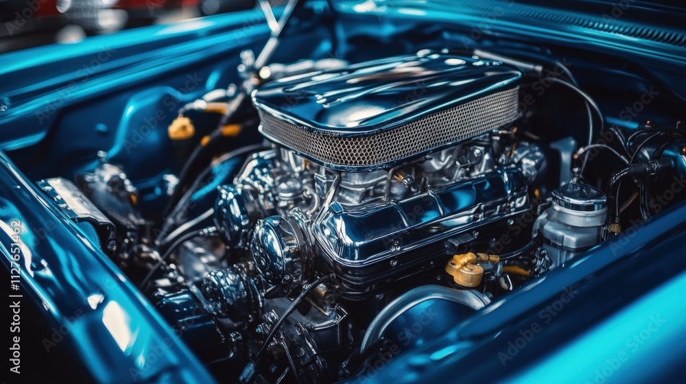 Polished Chrome Engine Bay in Classic Blue Car Polished Chrome Engine Bay in Classic Blue Car