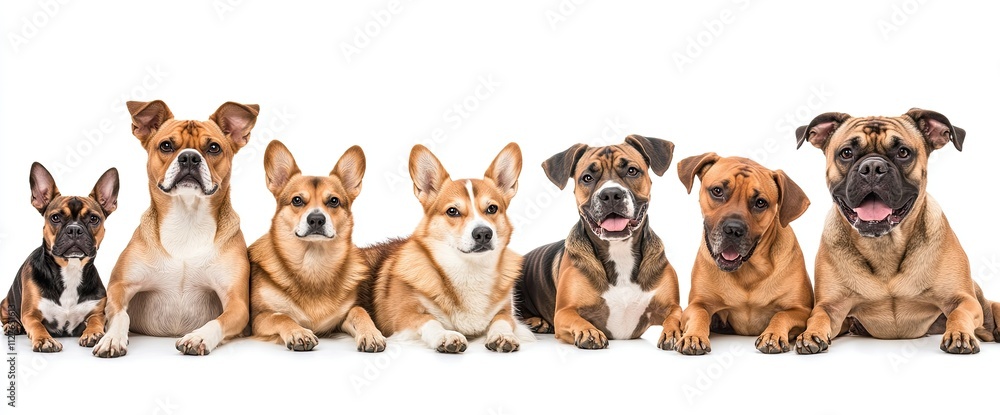 A group of dogs, all different breeds and sizes, sitting together in a frontal view against A group of dogs, all different breeds and sizes, sitting together in a frontal view against