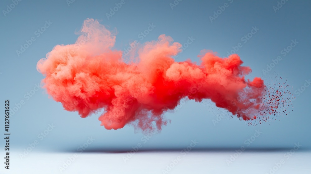 Suspended red paint splatter in mid-air, vibrant droplets hover against a misty gray-blue sky, fine details in paint and smoke creating an artistic scene