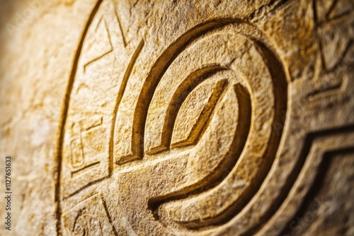 Corporate logos carved like hieroglyphics, archaeological lighting, stone texture detail, with copy space photo