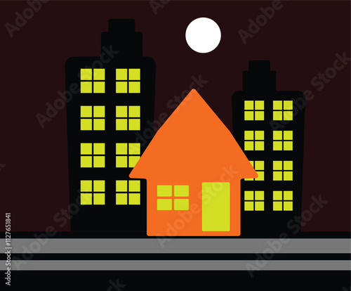 Orange house standing out among dark buildings at night with full moon