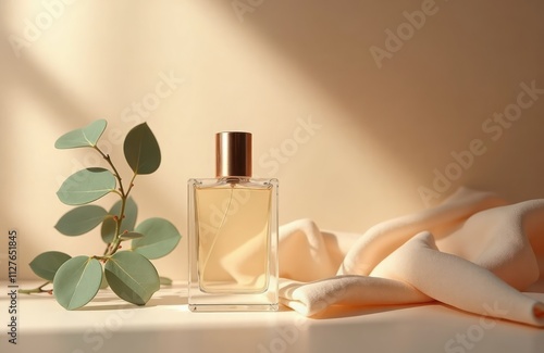 Elegant perfume bottle on beige background. Natural leaves add touch of freshness. Light highlights simple design. Advertising banner for new perfume collection. Image suitable for fashion magazines photo