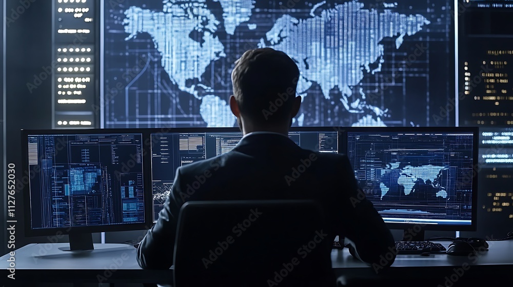 A professional analyzing data on multiple screens with a world map backdrop. A professional analyzing data on multiple screens with a world map backdrop.