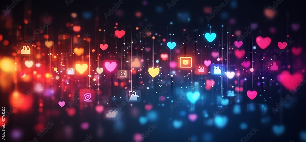 Abstract glowing hearts and social media icons background. Abstract glowing hearts and social media icons background.