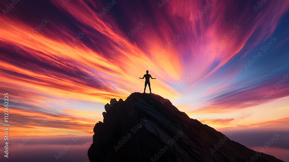 Silhouette of a man meditating on a mountain ridge with a dramatic sky of vibrant colors during sunset, representing spiritual awakening Silhouette of a man meditating on a mountain ridge with a dramatic sky of vibrant colors during sunset, representing spiritual awakening