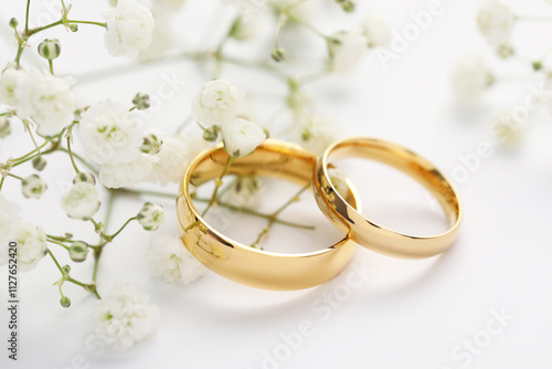 Fotografía Golden wedding rings and flowers on white background, closeup