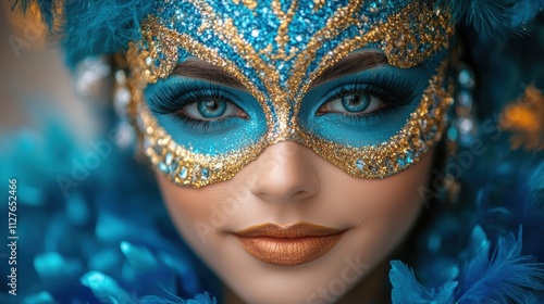 A captivating image highlighting a close-up of a person wearing an intricately designed blue and gold masquerade mask adorned with shimmering glitter. photo