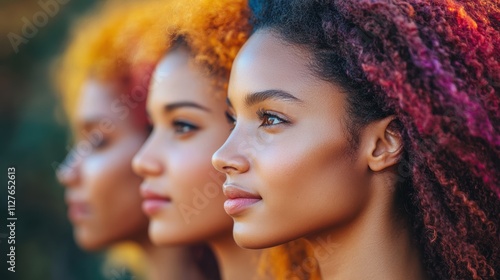 A captivating portrait featuring three women in profile with vibrant hair colors, captured in a natural outdoor setting bathed in warm sunlight.