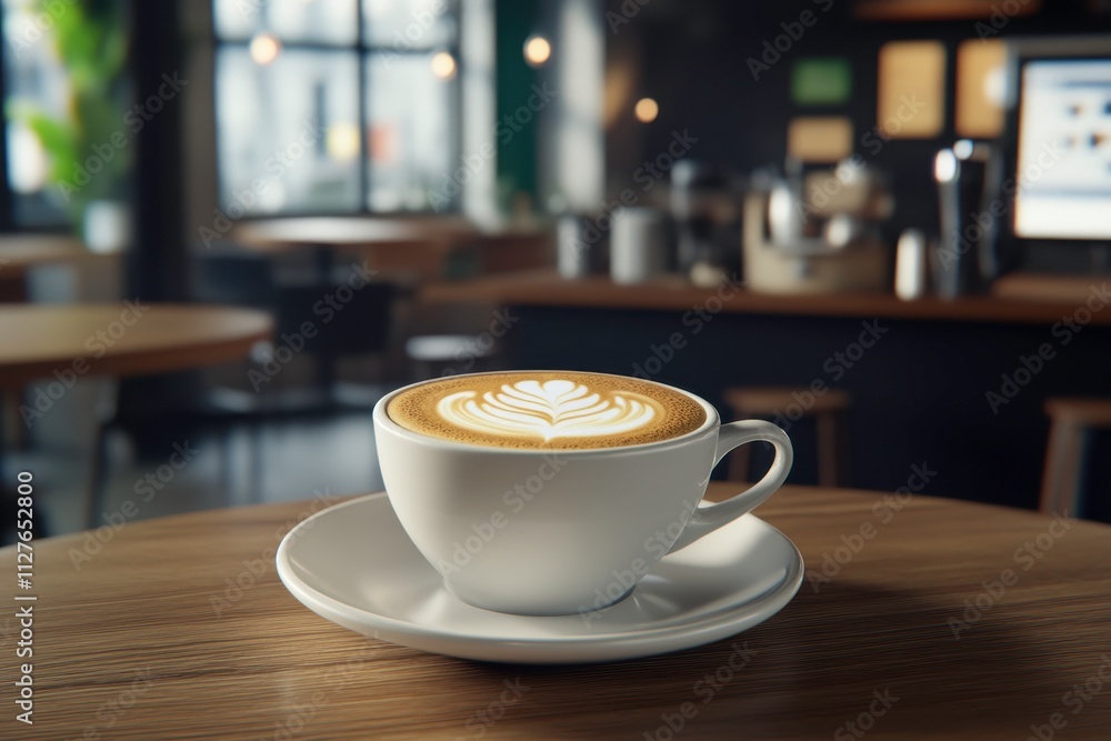 A Beautifully Crafted Cup of Coffee with Latte Art on a Wooden Table in a Modern Cafe Setting, Providing a Cozy Atmosphere for Coffee Lovers A Beautifully Crafted Cup of Coffee with Latte Art on a Wooden Table in a Modern Cafe Setting, Providing a Cozy Atmosphere for Coffee Lovers