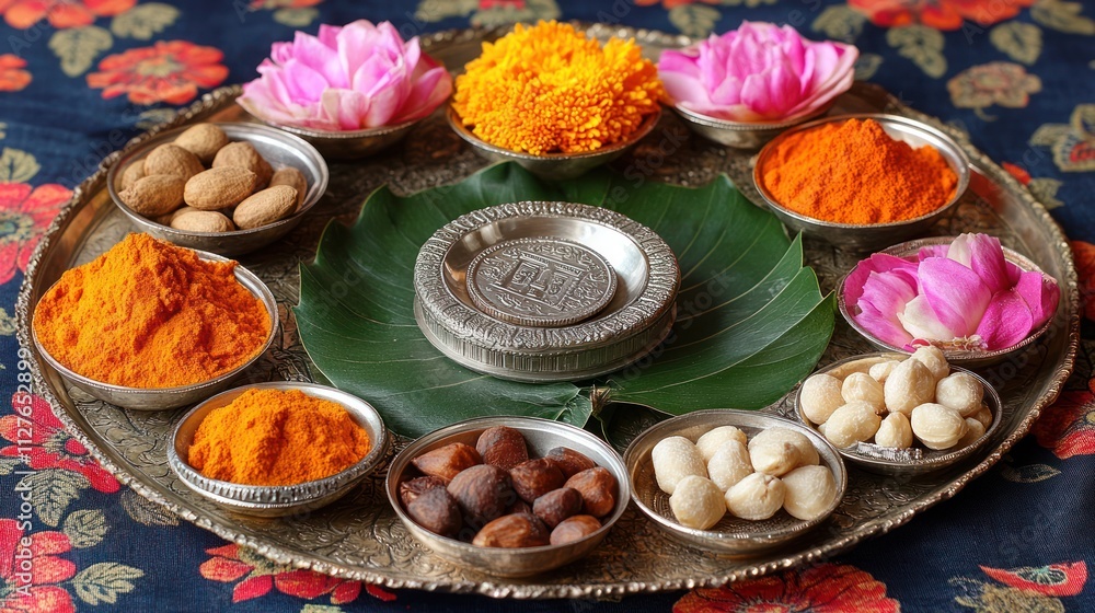 Colorful spices, nuts, and flowers arranged on a silver tray. Colorful spices, nuts, and flowers arranged on a silver tray.