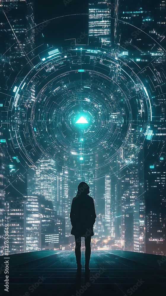 A silhouetted figure stands before a futuristic cityscape with a glowing portal. A silhouetted figure stands before a futuristic cityscape with a glowing portal.