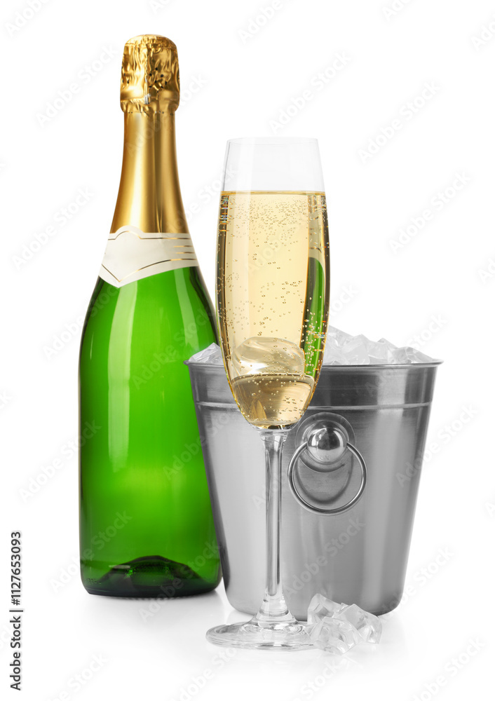 Champagne and bucket with ice isolated on white Champagne and bucket with ice isolated on white