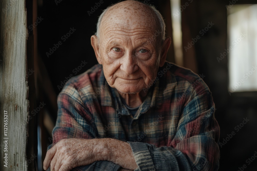 Elderly man with weathered hands in natural window light, high detail , with copy space Elderly man with weathered hands in natural window light, high detail , with copy space