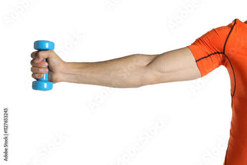 Man exercising with dumbbell on white background, closeup