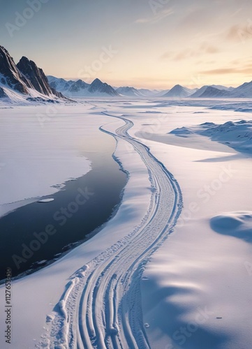 Ski track winding through a frozen lake in the Arctic, winter, ice photo